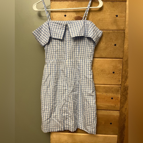 Lulu’s x re:named Blue Gingham Off the Shoulder Spaghetti Strap Summer Dress - Picture 6 of 7